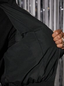 Manfinity VCAY 男士时尚休闲日常奢华修身 PU 皮革饰边加厚外套，派对时尚黑色绗缝冬季外套，适合朋友、丈夫、男朋友的礼物 - 黑色 - 查看 5