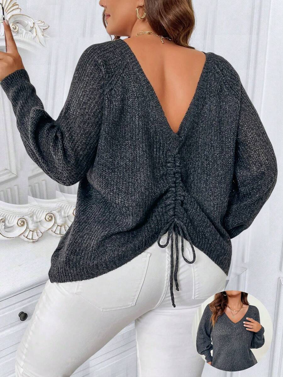 SHEIN Clasi 大码V领纯色露背抽绳长袖套头毛衣，适合冬季和秋季穿着。 - 黑色 - 查看 1