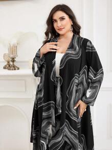 Modelyn Plus Size Swirl Print Jacket And Pants 2 Pieces Set, Casual, Autumn 2 Pieces Set - Black and White - View 6