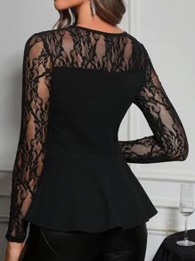 SHEIN Clasi Áo thun bó eo ren dự tiệc thanh lịch dành cho nữ - màu đen - Xem 2