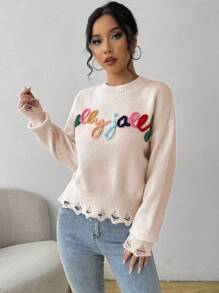 SHEIN Unity Sweater Rajut Kasual Wanita Lengan Panjang Leher Bulat dengan Motif Huruf dan Patchwork, Atasan Rajut Lengan Panjang untuk Musim Gugur dan Musim Dingin - Aprikot - View 6
