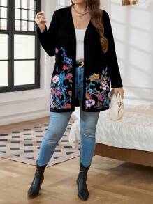 SHEIN LUNE Plus Size Floral Print Elegant Knitted Long Sleeve Cardigan - Black - View 1