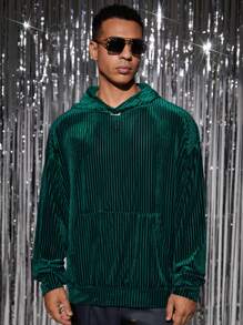 Manfinity VCAY Men's Fashionable Casual Ribbed Loose Fit Long Sleeve Hoodie Sweater, For Fall Winter - Dark Green - View 3