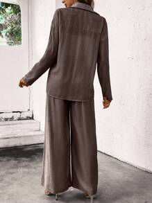 SHEIN LUNE 2 件套女士纯色宽松落肩长袖衬衫和阔腿裤休闲西装套装，春秋