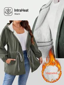 SHEIN LUNE Plus Size Drawstring Hooded Long Sleeve Fleece Casual Loose Lightweight Coat Winter Women Fuzzy Winter Hoodie Green Holiday - Army Green - View 1