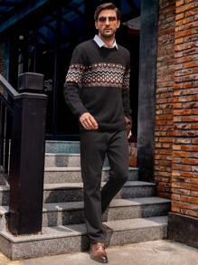 Manfinity Homme Áo len chui đầu dài tay cổ tròn in họa tiết hình học nhiều màu sắc cho nam, đi chơi, chồng - màu đen - Xem 6