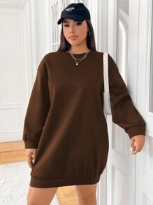 SHEIN EZwear Plus Size Minimalist Black Sweatshirt Dress, For Winter - Brown - View 4