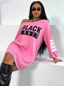 Maweii 大码女式字母印花不对称领口长袖运动衫