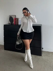 Flirla Chemise blanche unie à manches longues avec poche pour femmes grandes tailles - Blanc - Voir 7