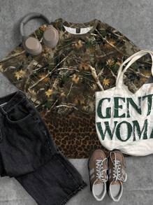 Attitoon 休闲简约全身迷彩豹纹图案时尚宽松女式圆领短袖 T 恤 - 白色 - 查看 1