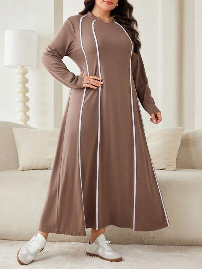 Seusyu 大码拼色长袖休闲朴素连衣裙