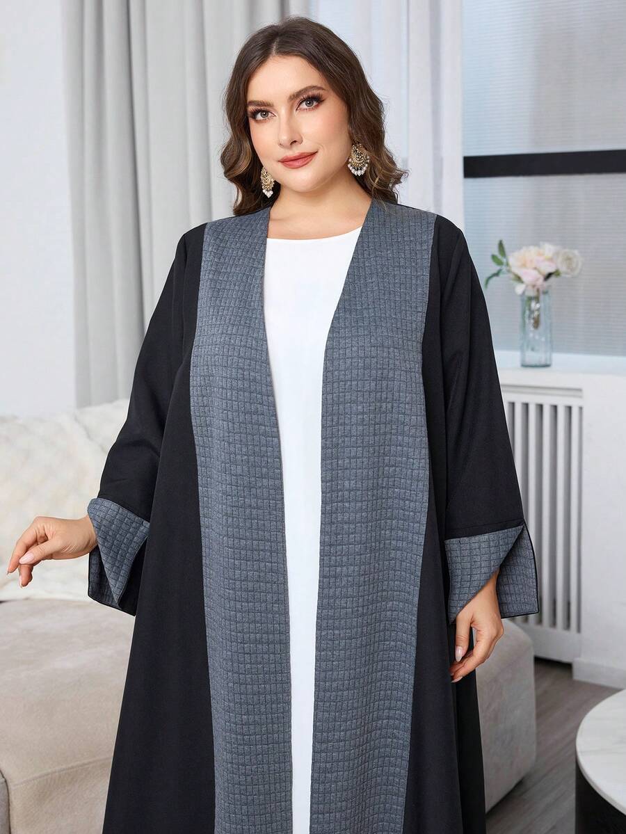 SHEIN Najma Plus Size Contrast Color Long Sleeve Arabic Abaya Robe