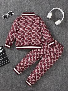 SHEIN Bộ áo len cardigan in chữ thanh lịch dành cho bé trai ngoài trời - Màu Đỏ Sâu - Xem 2