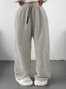 Flirla Quần sọc buộc dây phía trước đa năng thường ngày cỡ lớn, mặc hàng ngày - Màu be - Xem 4