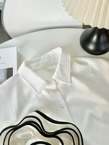 Chiquease Women 3D Floral Decor Drop Shoulder Long Sleeve Loose Casual Blouse, Autumn Fall Cloth For Women