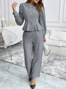 Chiquease 女士休闲纯色泡泡袖单排扣荷叶边下摆衬衫和宽腿宽松裤套装，春秋 - 灰色 - 查看 5