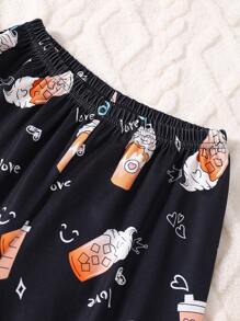 2 stuks/set Tween Girl drankfles grafische contrasterende kleur broek & ronde hals lange mouw top brandvertragende loungewear set