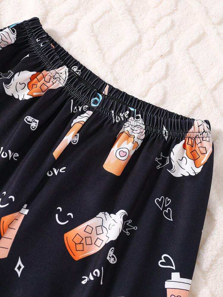 2pcs/Set Tween Girl Beverage Bottle Graphic Contrast Color Pants & Crew Neck Long Sleeve Top Fire Retardant Loungewear Set - Black - View 4