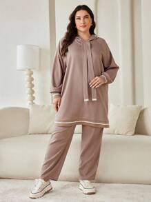 Mulvari Middle East Style Plus Size Contrast Color Trim Hooded Long Sleeve Top And Long Pants Casual 2 Pieces Set 2 Pieces Set