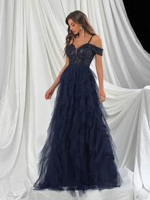 QOQ 女神优雅蓝色拼接网眼露肩女士礼服，适合舞会、鸡尾酒会和派对 - 寶藍色 - 查看 4