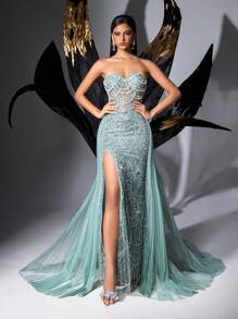 Vestido de fiesta formal con lentejuelas Glamour Goddess de LUVISTRUE - Vestido de noche de lujo para mujer para alfombra roja, fiesta de cumpleaños, temporada de baile de graduación, galas, baile benéfico, ceremonia de premios, en unicolor con cuello sin tirantes, encaje y abertura