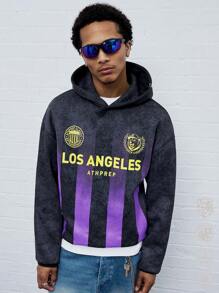 Manfinity VCAY Men's Loose Fit English Graphic Print Hooded Sweater, For Fall Winter - Dark Grey - View 3