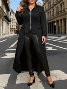 SHEIN Privé 秋冬加大码优雅长款拉链不对称下摆薄款长袖深色个性万圣节夹克