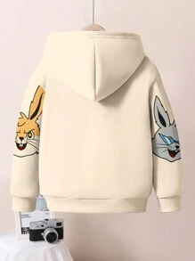 SHEIN 男婴休闲简约兔子图案宽松保暖连帽卫衣，适合秋冬季 - 杏色 - 查看 3