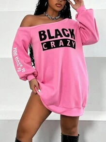 Maweii 大码女式字母印花不对称领口长袖运动衫