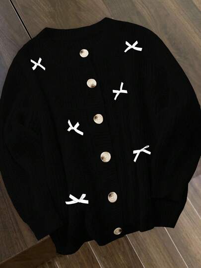 Flirla Plus Size Casual Front Button Butterfly Decor Loose Cardigan, Autumn/Winter Fall Cloth For Women