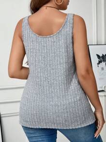 SHEIN LUNE Plus Size Women Christmas Fall And Winter Dark Grey Ribbed Fabric U Neck Base Tank Top Holiday Outfit
