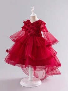 Glamorique Kids 年轻女孩圣诞节儿童派对装奢华度假休闲网纱薄纱拖尾 3D 花卉个性喇叭袖公主裙 - 酒紅色 - 查看 3