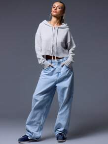 MUSERA 短款宽松针织拉链开衫，春季Y2K 90年代休闲可爱基础款，夏季机场度假返校季冬季日常工作办公室时尚百搭 - 淺灰色 - 查看 4