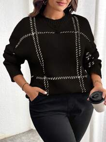 Elenzga Áo len dệt kim dáng rộng kẻ caro cổ tròn vai rớt cho nữ cỡ lớn, thích hợp cho mùa thu/đông. - màu đen - Xem 6
