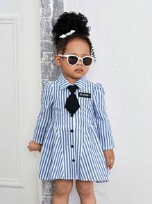 Bubblio Baby Girl Woven Long Sleeve Striped Collared Fitted Casual Dress (Tie Not Included) - Blue - View 4