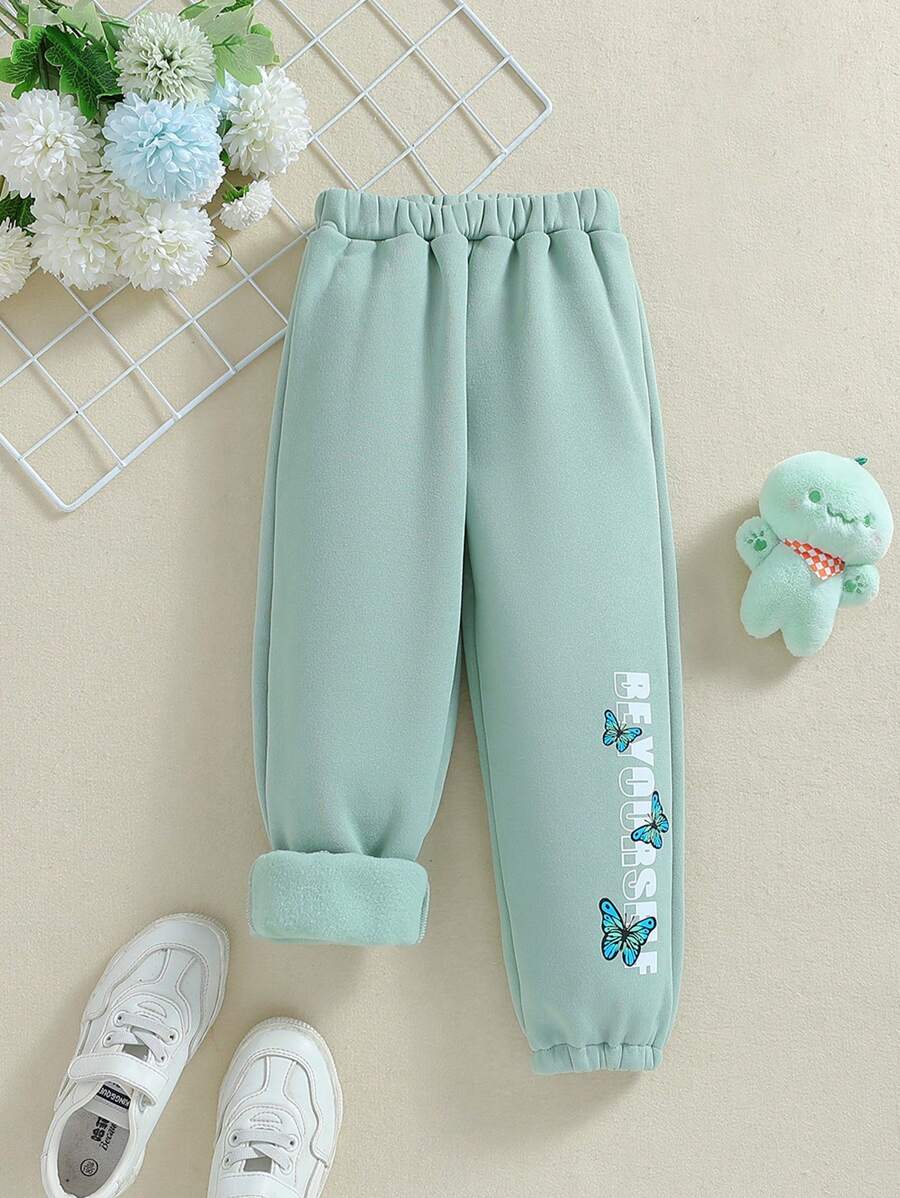 SHEIN Quần dài lót nhiệt in hình bướm cho bé gái - màu xanh lá - Xem 1