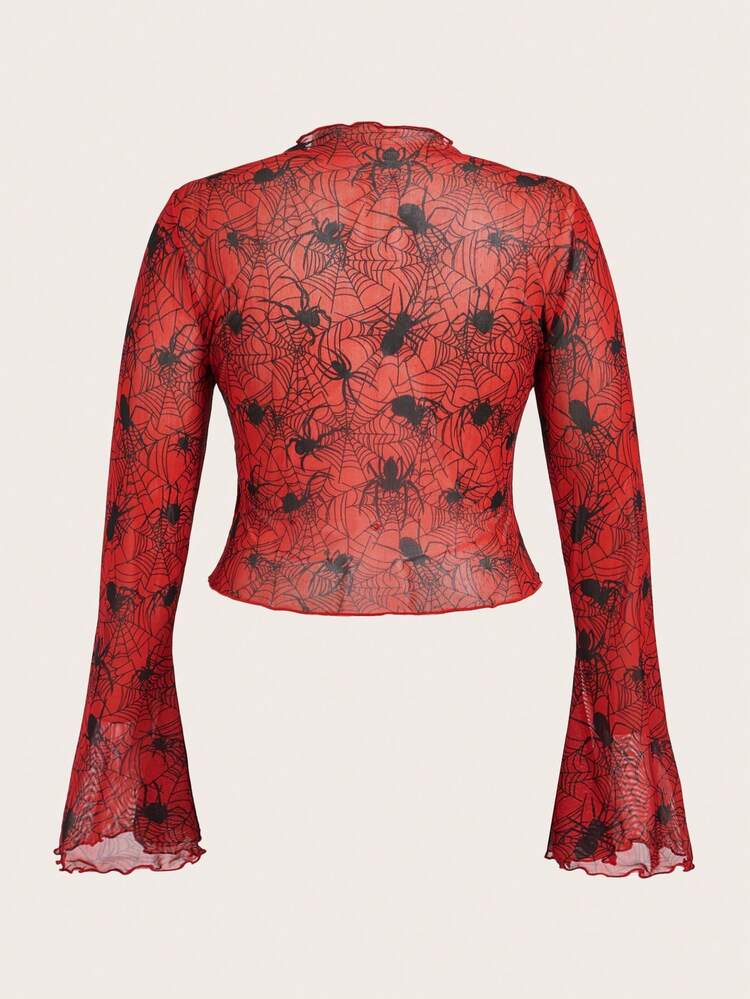 SHEIN SXY Große Größen Damen Halloween sexy schwarz & rot Kontrastfarbe Spinnennetz Mesh Muster Glockenärmel transparente Bluse, geeignet für Herbst & Winter, Date Night, Geburtstag, Junggesellinnenabschied, Lässig, Einkaufen, Streetwear, Ausgehen, leicht zu kombinieren & schlank aussehend, betont die Figur, schmeichelhaft für Halloween - Rot und Schwarz - Übersicht 11