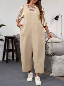 SHEIN LUNE Plus Size 2pcs Casual Striped Dropped Shoulder Top And Wide Leg Jumpsuit Set, Fabric For Summer