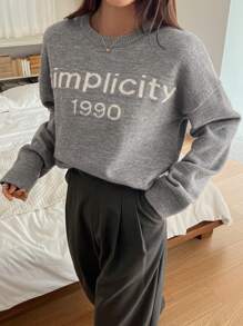 Dazy-Less 1 件女士休闲字母图案落肩宽松套头毛衣，不含衬衫，秋季服装