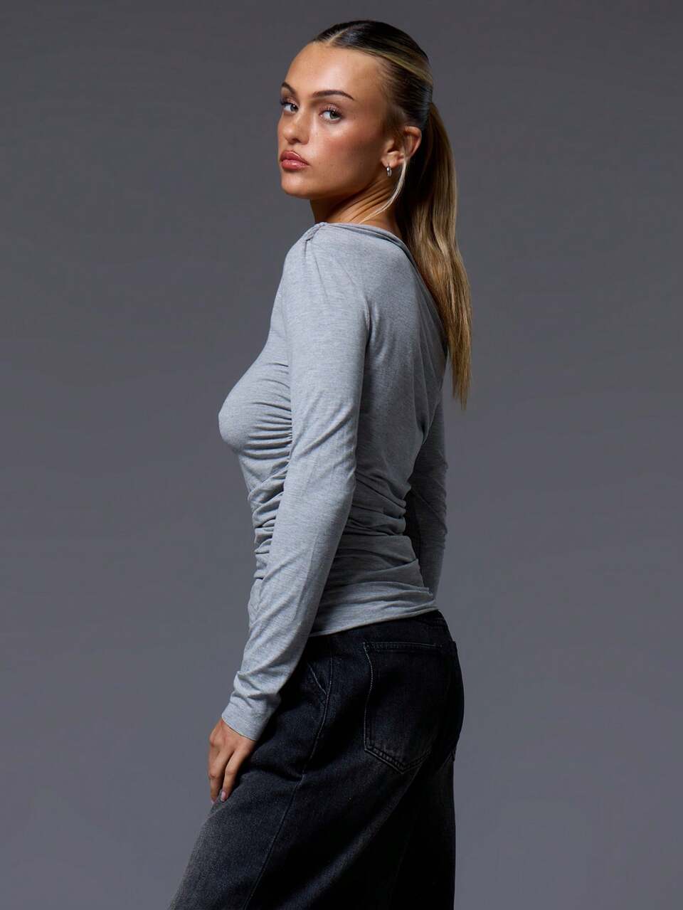 Asymmetrical Neck Ruched Long Sleeve Top Casual SummerVacation Spring Summer Holiday
