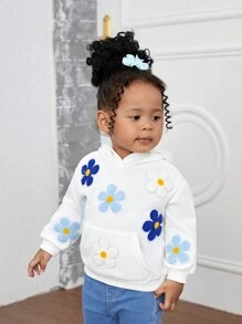 SHEIN Leap Crew Baby Girl Cute Floral Embroidered White Hooded Sweatshirt For Fall & Winter - White - View 5