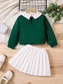 SHEIN 2 件套女童黑色字母印花领运动衫和白色褶皱迷你裙，时尚可爱的春/秋/冬装 - 墨綠色 - 查看 2