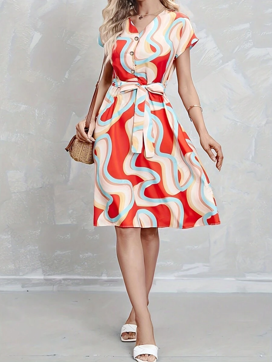 INAWLY 优雅连衣裙，性感连衣裙，女士连衣裙，女士休闲优雅连衣裙和数码全网印花组合V领纽扣短袖连衣裙，柔软编织，夏季，秋季 - 彩色 - 查看 1