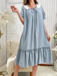 Camisón oversize de manga corta con lazada en la cintura y volantes de color contrastante - Multicolor - Ver 6