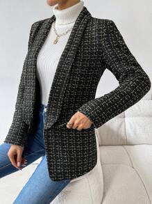 Chiquease 女士优雅格子有领西装外套，长袖，适合通勤，秋冬季 - 黑色 - 查看 5