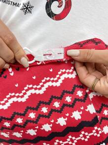 SHEIN Maternity Christmas Lettered Side Slit Long Sleeve Shirt And Christmas Red Leggings 2pcs Set, Autumn - Multicolor - View 7