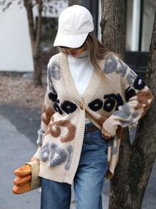 Aveloria Modichic Letter Pattern Button Through Cardigan Oversized Sweater ,Long Sleeve Tops - Multicolor - View 1