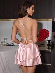 SilkySpell Satin Backless Tie-Up Sleep Dress And Belted Robe Sleepwear Pajama Set, Fall Winter Clothes - Dusty Pink - View 2