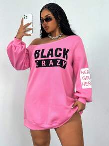 Maweii 大码女式字母印花不对称领口长袖运动衫