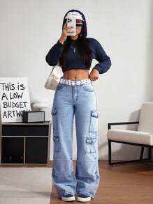 SHEIN Tall Front Button Closure Multi-Pocket Simple Design Casual Cargo Jeans - Blue - View 6